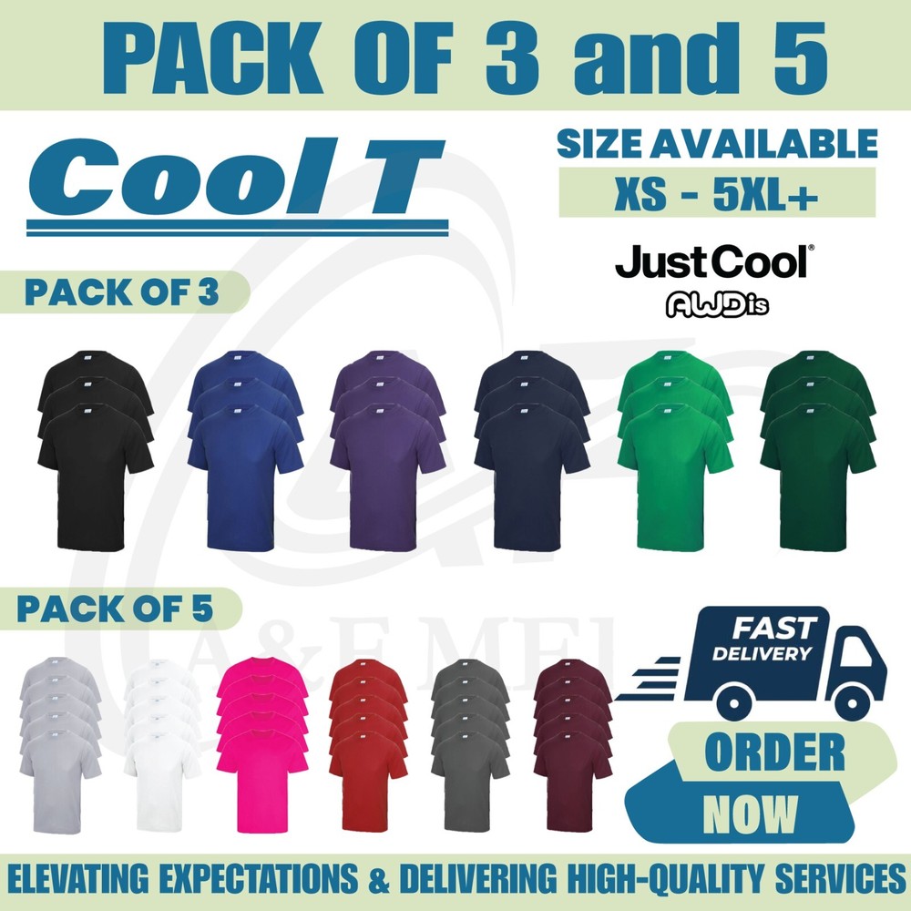 Pack 5 & 3 Just Cool AWDis T-Shirt Plain Casual Wear stag do hen Unisex JC001