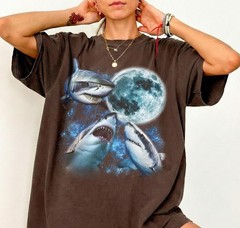 White Shark Moon Three Sharks Ocean Marine Life Comfort Tee