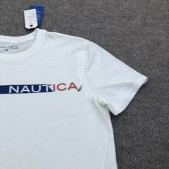 Nautica Shirt Mens Medium White Logo Stripe Graphic Tee Tagless Nautical