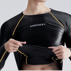 AMORESY Men Glossy Satin Oil Long-Sleeve Fitness T-Shirt Round Neck Running Tops