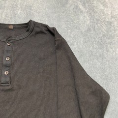 Uniqlo Shirt Mens XL Black Cotton Waffle-Knit Long Sleeve Henley Neck Casual