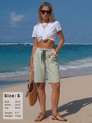 Women’s Faux Linen Striped Bermuda Shorts Casual Drawstring Elastic Waist Sum…