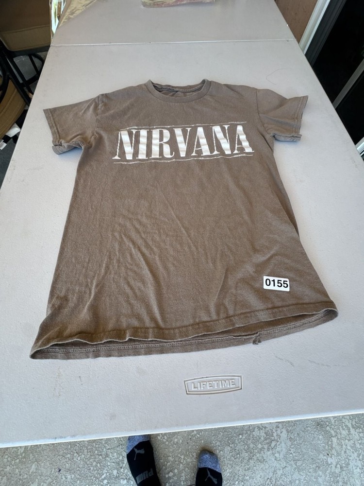 Nirvana Brown Two-Sided Graphic T-Shirt Stencil Logo Smiley Face. Reprint with a