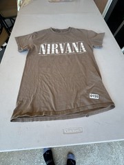 Nirvana Brown Two-Sided Graphic T-Shirt Stencil Logo Smiley Face. Reprint with a