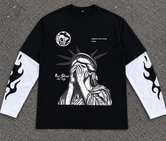 🗽 Y2K Graphic Long Sleeve Tee Statue of Liberty Tribal Flame Streetwear Black