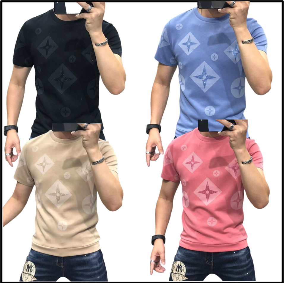 Luxury Fashion Men Rhinestone Brown Black Blue Pink Short Sleeve Slim T-Shirt