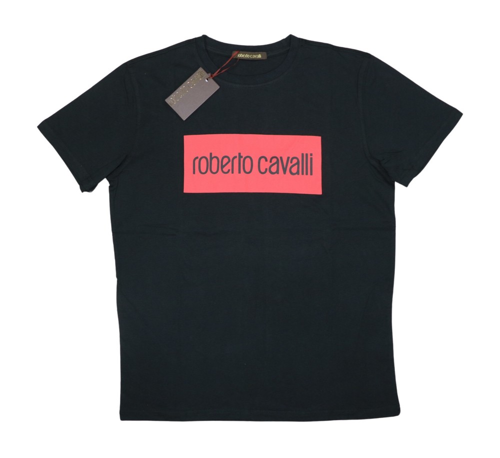 Roberto Cavalli Graphic Print Logo Short Sleeve Crew Neck Mens T-Shirt NWT Black