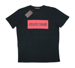 Roberto Cavalli Graphic Print Logo Short Sleeve Crew Neck Mens T-Shirt NWT Black
