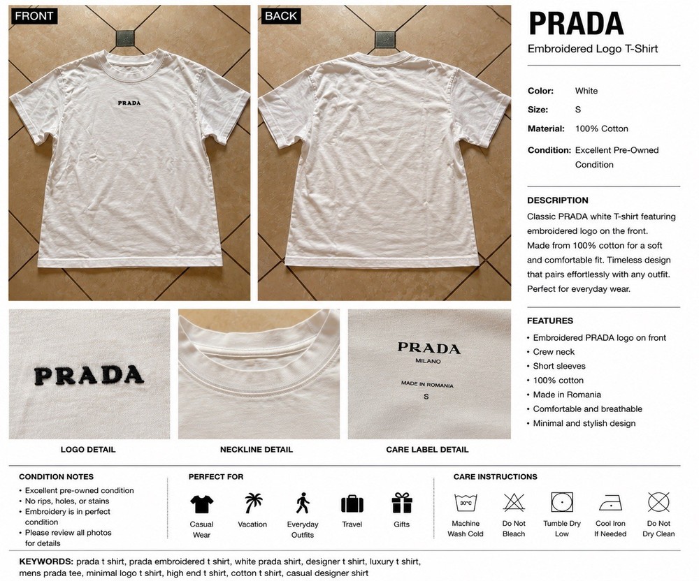 PRADA White Embroidered Logo T-Shirt S Cotton Jersey Crew Neck Short Sleeve