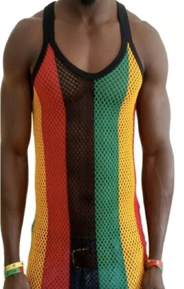 L Rasta Men Vest 100% Cotton Fishnet Fitted String Mesh Stretchy Jamaican Hot