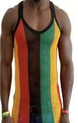 L Rasta Men Vest 100% Cotton Fishnet Fitted String Mesh Stretchy Jamaican Hot