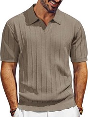 Mens V-Neck Polo Shirt Knit Textured Breathable Summer Casual Top