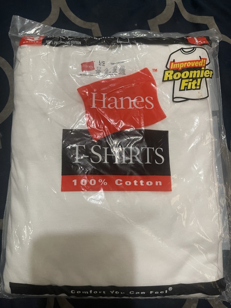 3 Pack Hanes Men’s Crew Neck, Roomier Fit T-Shirts White Size L Brand New