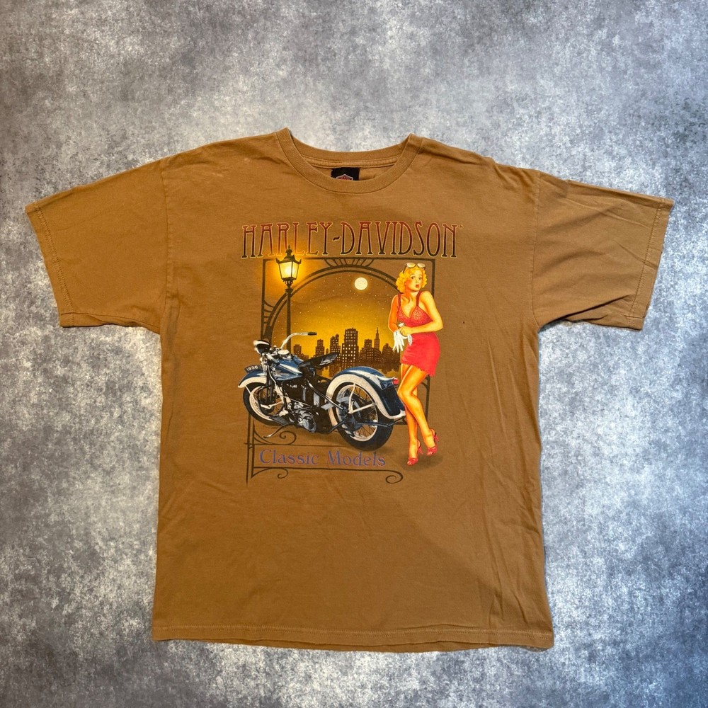 Harley Davidson Classic Models Pinup Girl T-Shirt Mens Large Brown Aurora CO