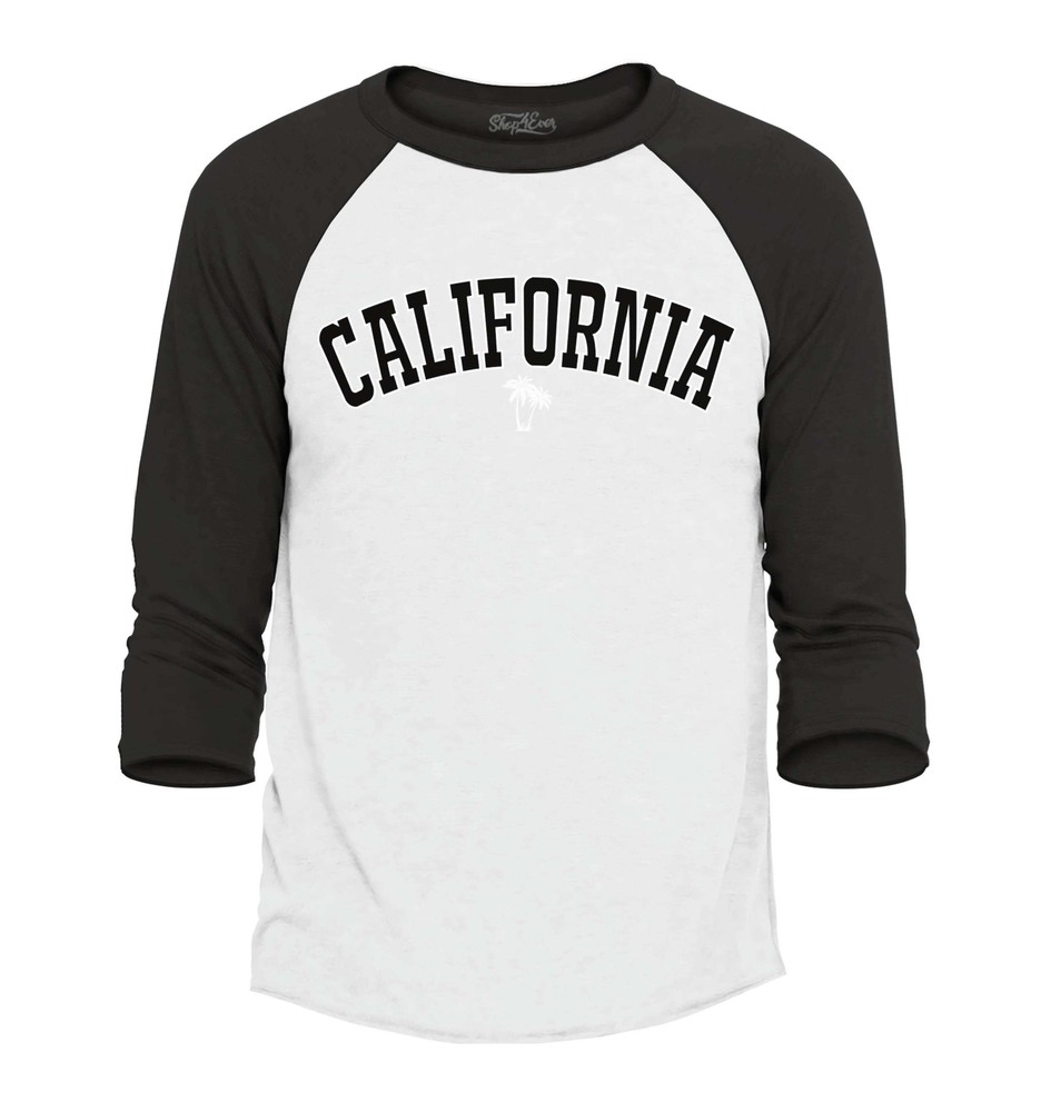 California State Letter Print Palm Tree Raglan Baseball State Shirts
