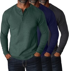Ficerd Henley 3 Pack Men’s Big & Tall Henley T-shirts Long Sleeve Plus Size Cot