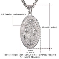Virgin Mary Pendant Stainless Steel 22 Inch Chain Fashion Miraculous Medal Ne…