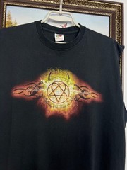 Vintage HIM 2004 Tee Black Heartagram Over Print Vest Sleveless Shirt Size L