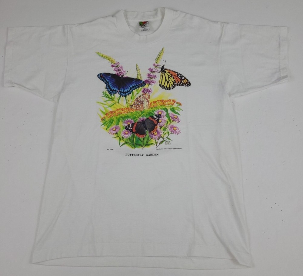 Vintage 90s Butterfly Garden Art Print Shirt Vtg Nature Flowers USA Multicolor