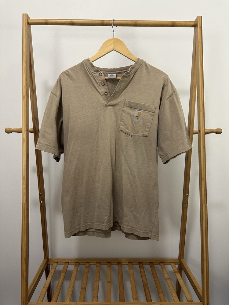 VTG Gradient Sun Faded Thrashed Worn WIP Henley Short Sleeve Pocket T-Shirt M