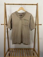 VTG Gradient Sun Faded Thrashed Worn WIP Henley Short Sleeve Pocket T-Shirt M