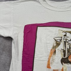 Vintage 90s Picasso Art Shirt Mens L White Cubist Graphic Tee Applique Patch