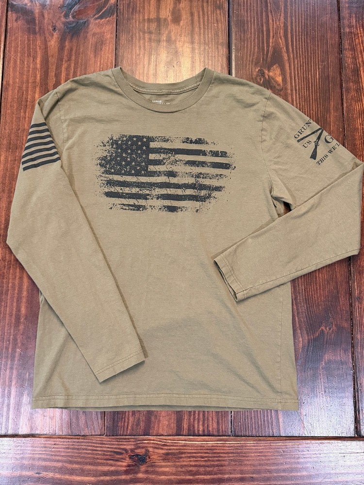 Grunt Style Men’s Long Sleeve Army Green Tshirt – This We’ll Defend – L
