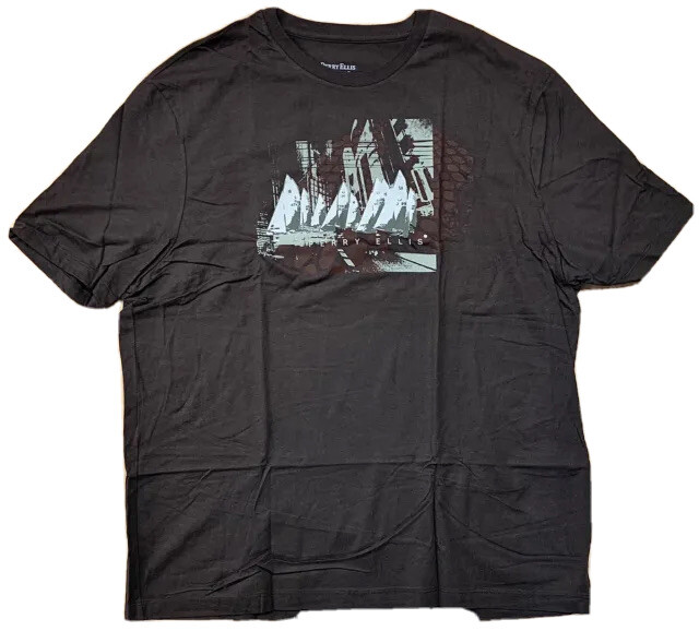 Perry Ellis Designer T-shirt Sailboats & Skyline 100% Cotton 2XL Brown Excellent