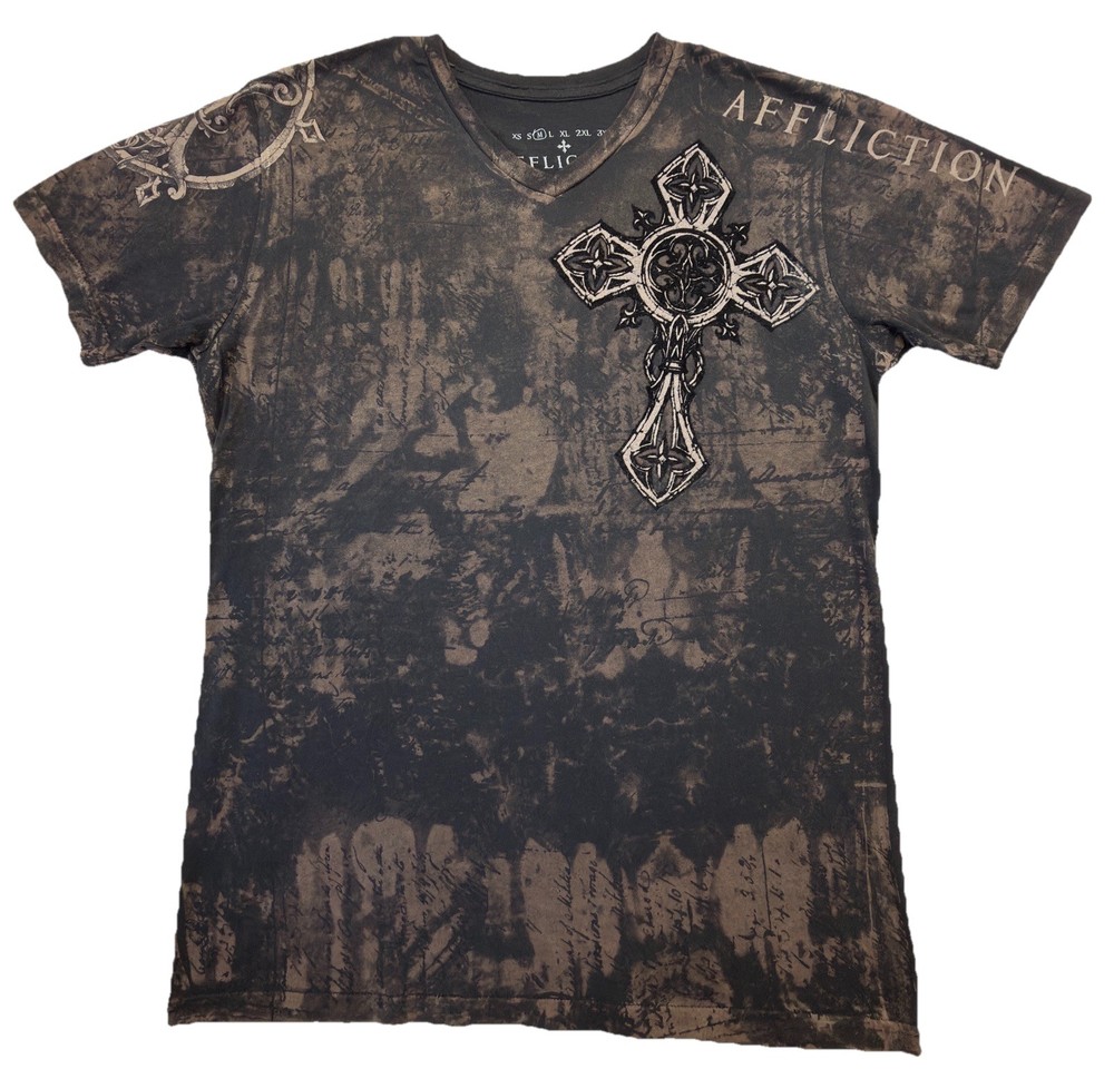 Affliction T-Shirt Mens Medium Black V-Neck Angel Wings Cross Bleach Wash Y2K M