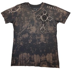 Affliction T-Shirt Mens Medium Black V-Neck Angel Wings Cross Bleach Wash Y2K M