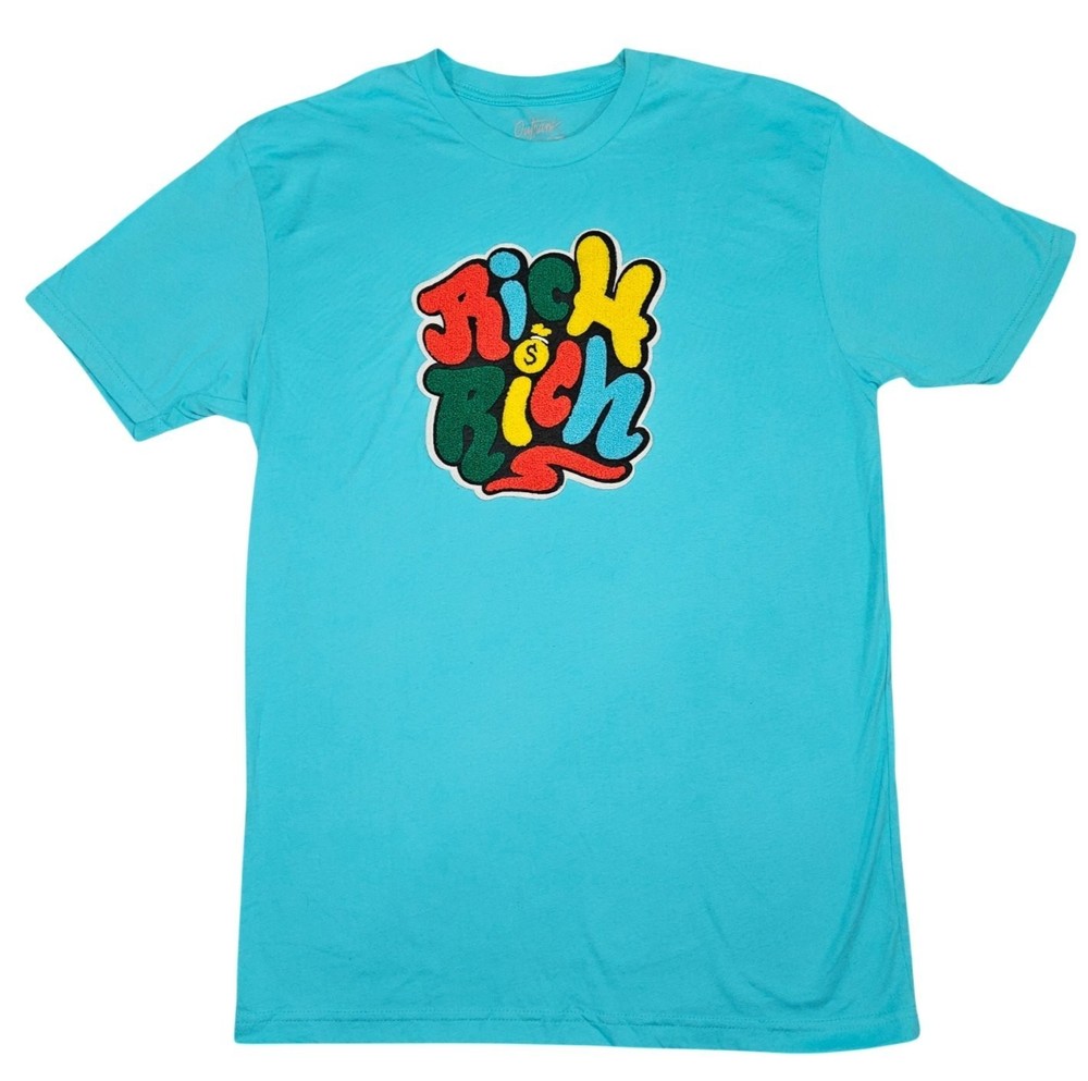 Outrank Men M T-Shirt Rich Rich Graphic Chenille Patch Short Sleeve Teal Blue Te