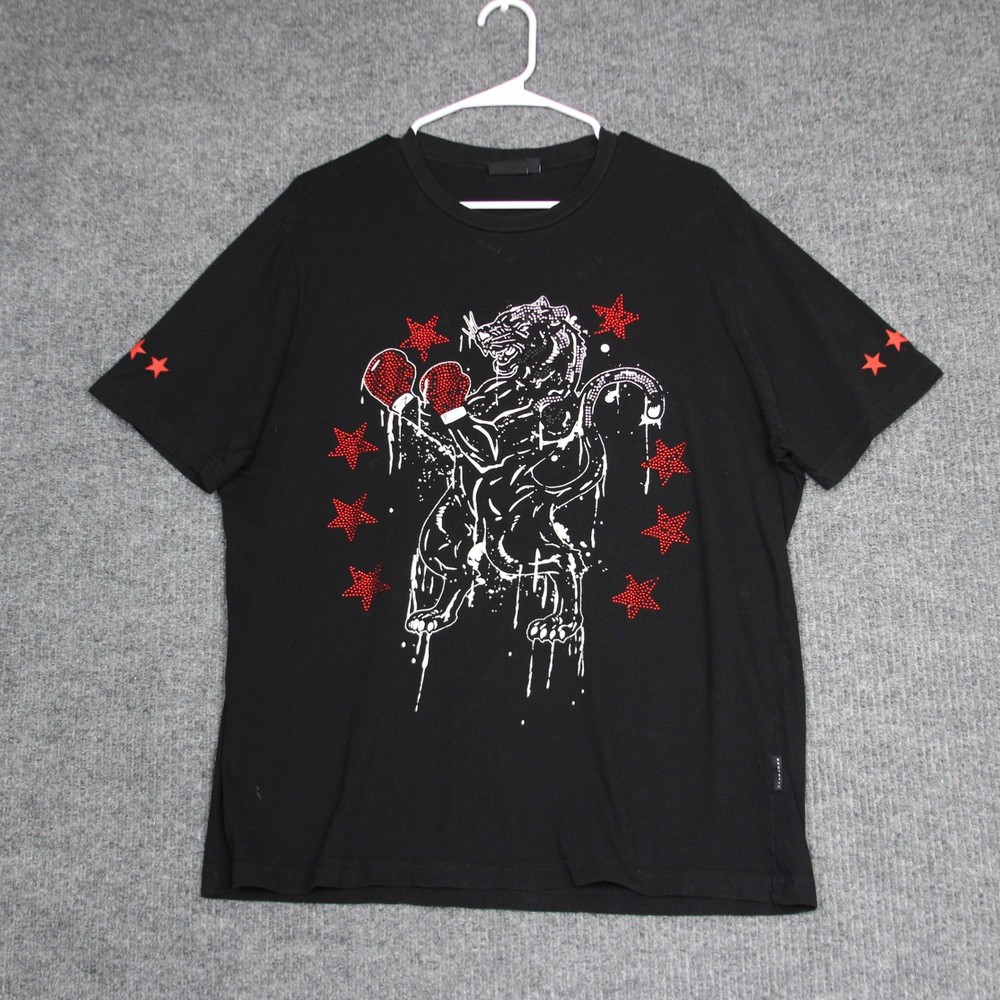 Sean John Mens Black Tiger Boxing Graphic Print Short Sleeve T Shirt Large