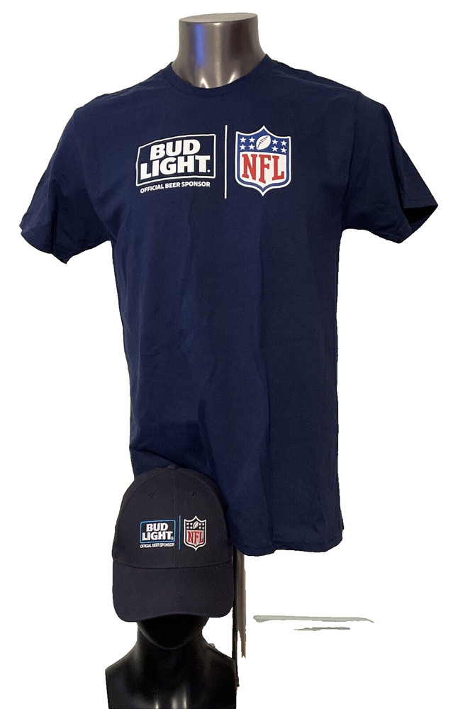 Bud Light Official Beer Sponsor NFL Navy Blue T-Shirt Size L and Snapback Hat