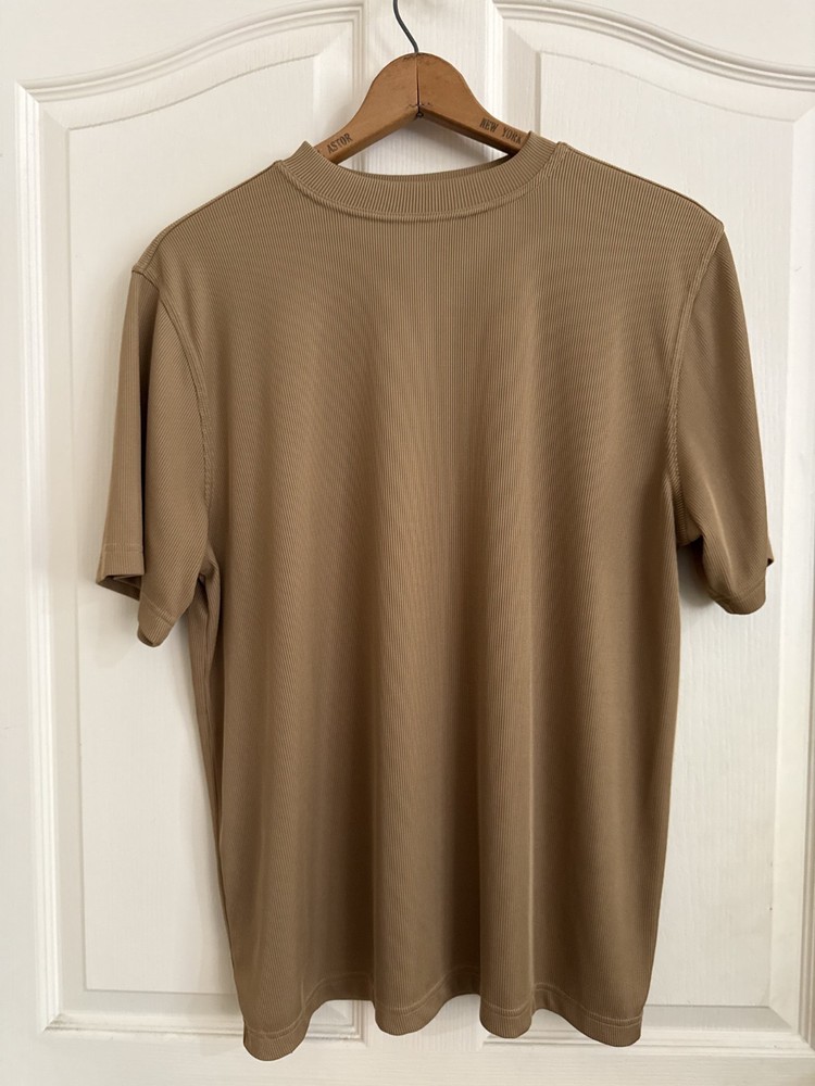 Tulliano Men’s Large Brown Ribbed Mock Neck Short Sleeve Stretch T-Shirt