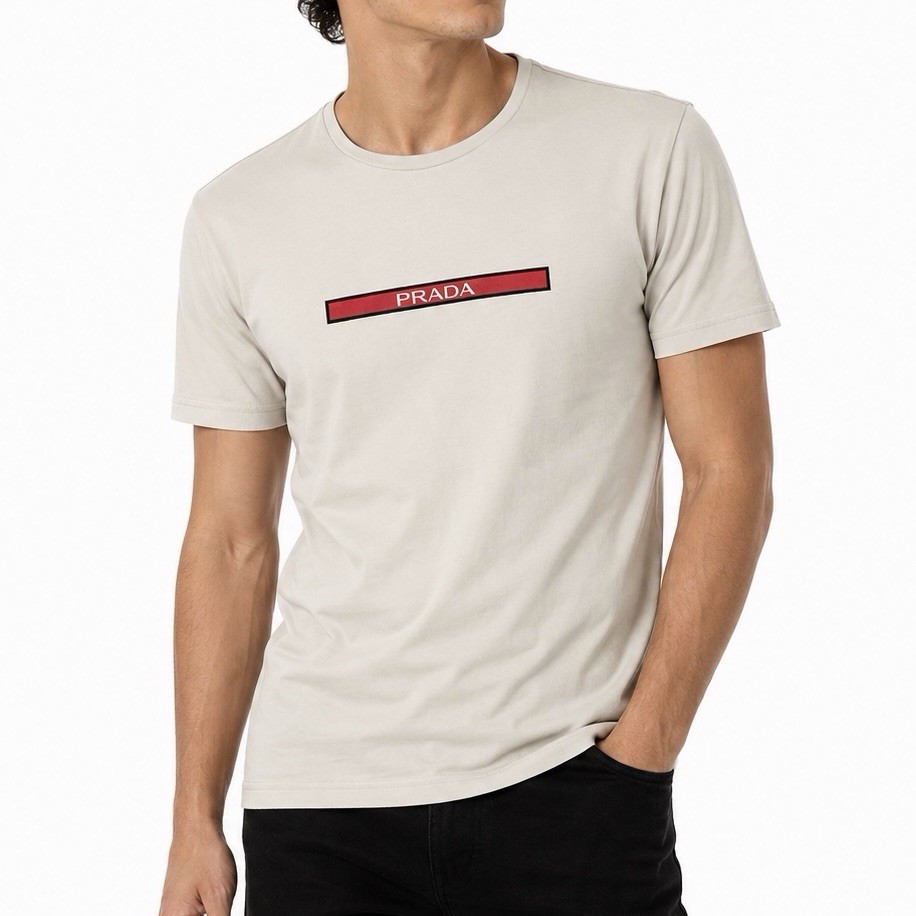 Prada Logo Mens XL Slim Fit Beige Graphic T Shirt Red Box Logo Cotton