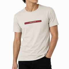 Prada Logo Mens XL Slim Fit Beige Graphic T Shirt Red Box Logo Cotton