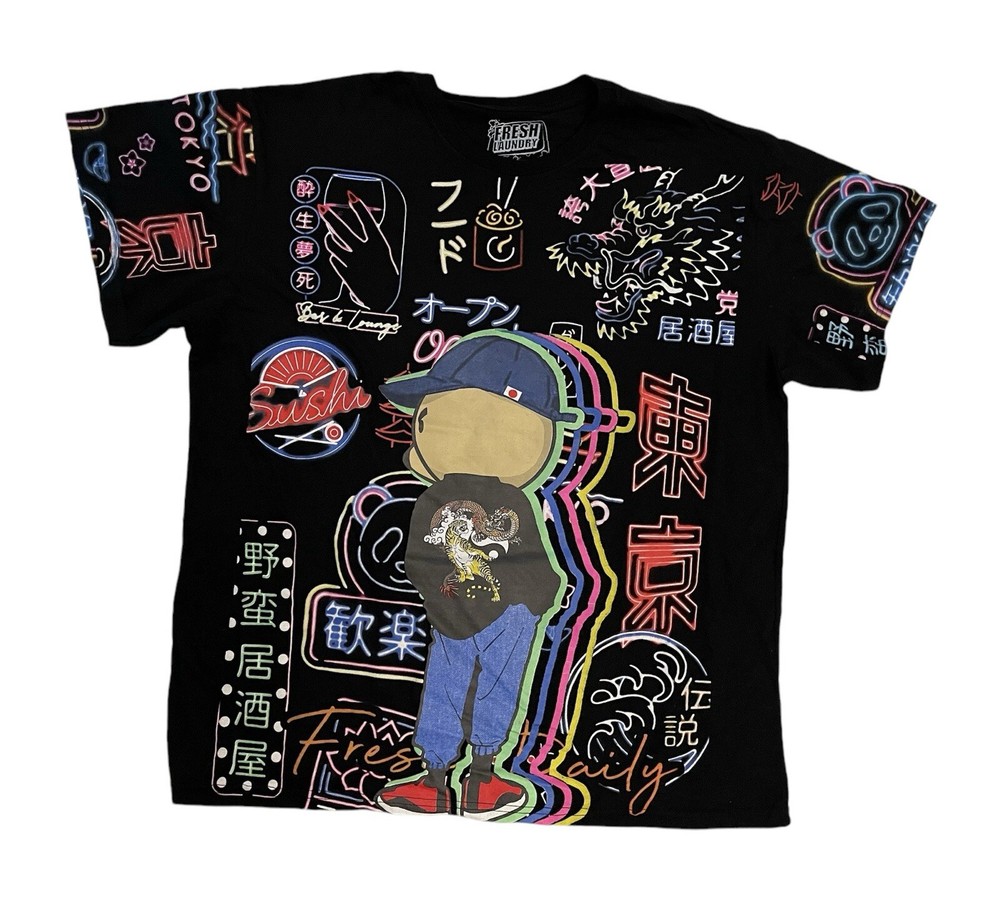 Fresh Laundry Mens 2XL Black Tokyo Dragon Hip Hop Graphic Crewneck T-Shirt