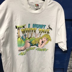Vtg I HUNT WHITE TAIL ALL YEAR LONG T-SHIRT 1991 PARODY HUNTING DEER FUNNY XL
