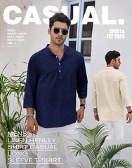 Men’s Casual Linen Cotton 3/4 Sleeve Henley T-Shirt – Lightweight Summer Top