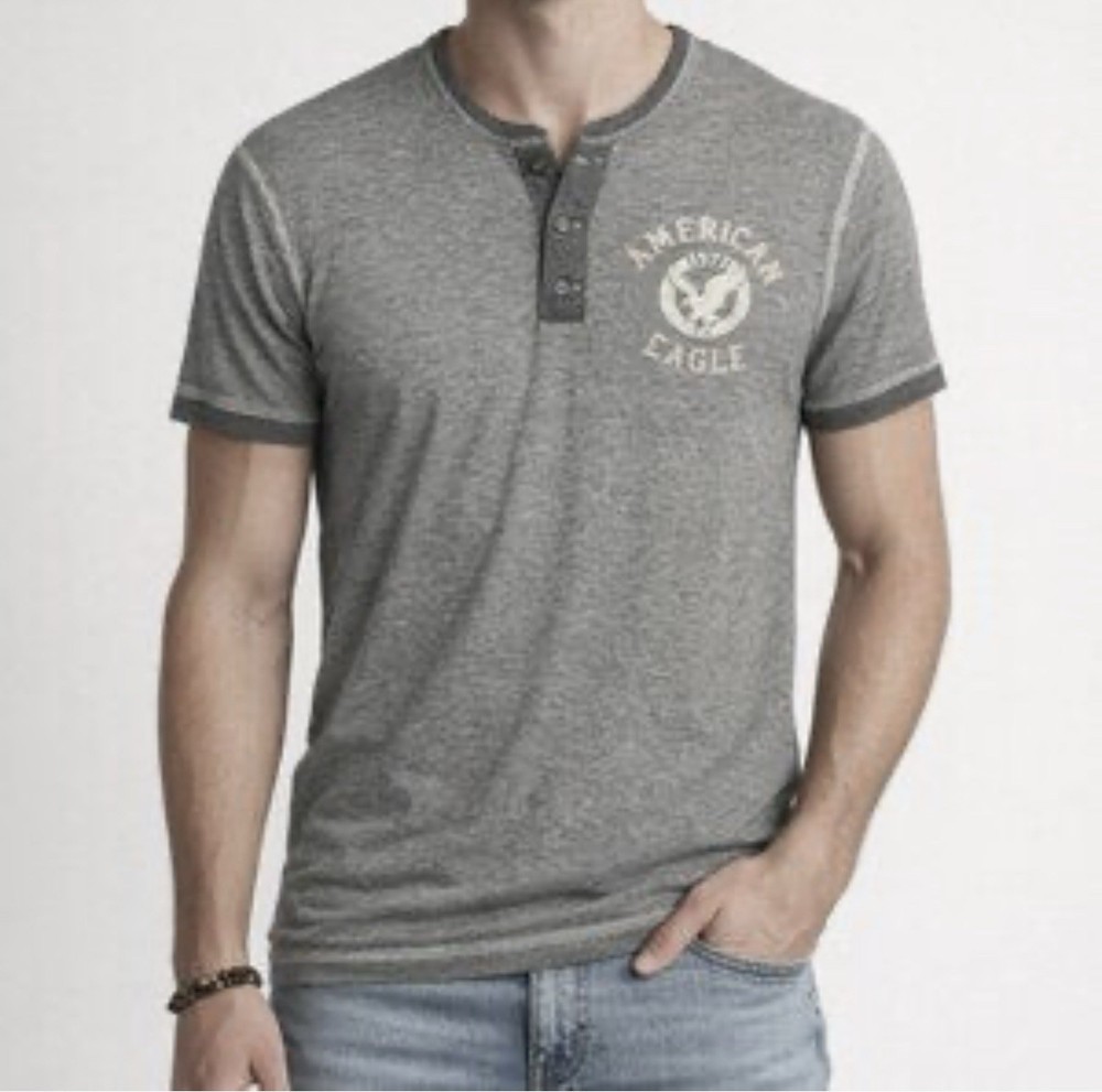 American Eagle Outfitters Vintage Shirt Henley Gray Men L Buttons Logo Soft Feel