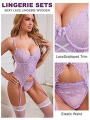 Sexy Lingerie Set for Women, Floral Lace Garter Bodysuit with Bra Panty and S…