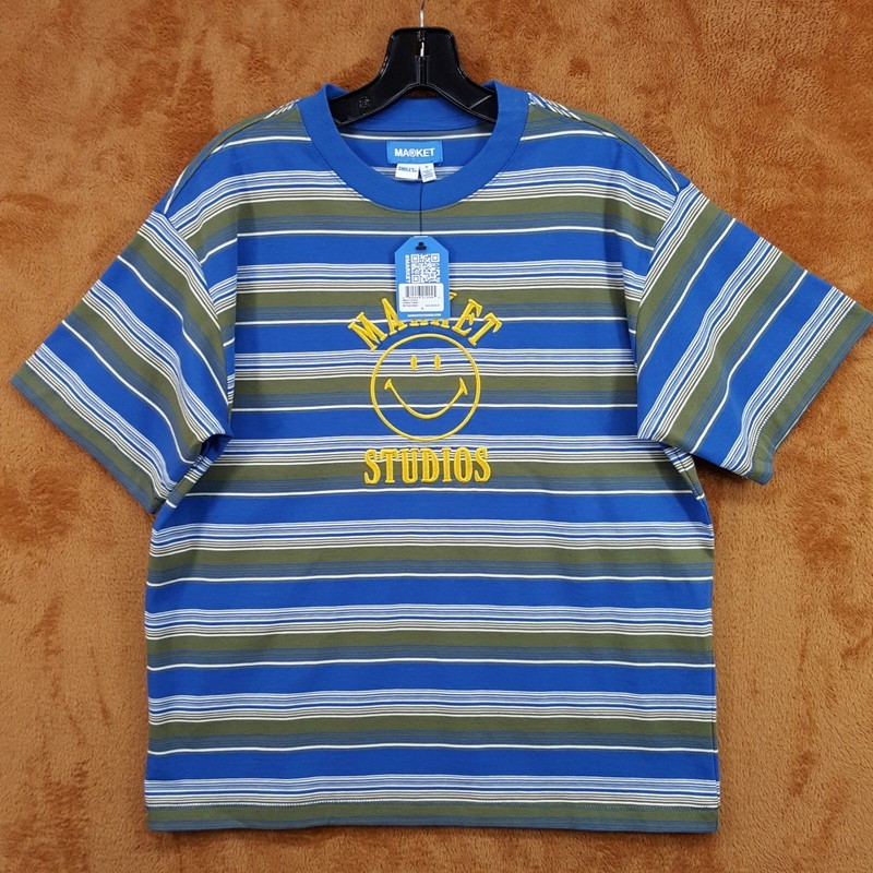 MARKET STUDIO Shirt Mens Medium Blue Stripe Pullover Crew Smiley T-Shirt Tee