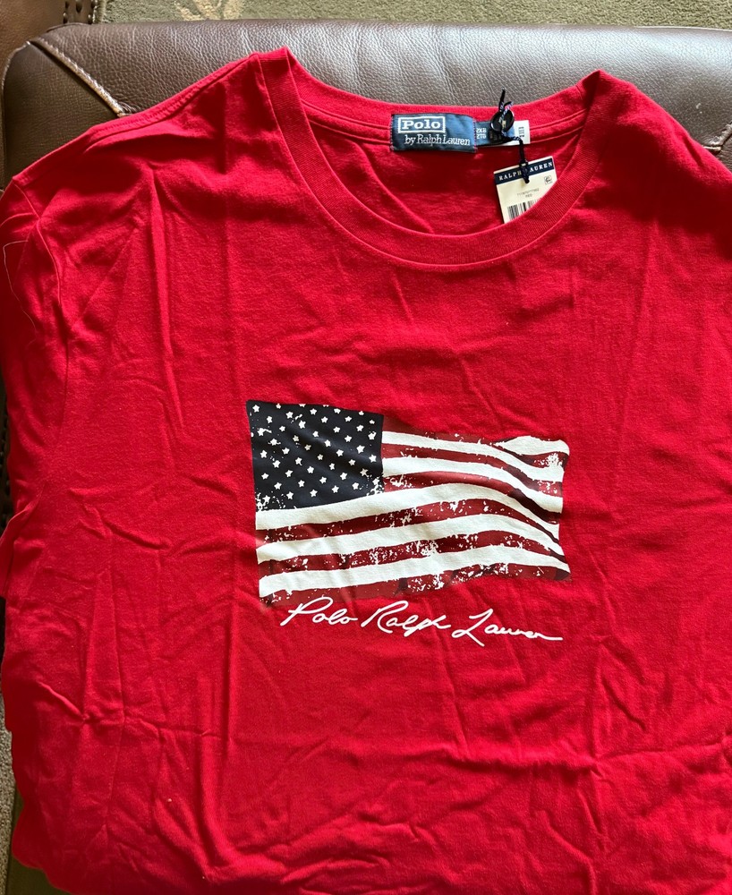 MEN’S POLO RALPH LAUREN RED S/S TEE SHIRT WITH US FLAG ON FRONT – XIZE 2XB – NWT