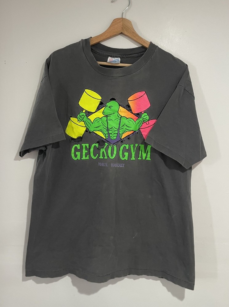 Vintage Gecko Gym Shirt XL Black Faded Trashed Maui Hawaii Beach Body Work Out