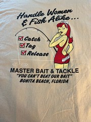 Master Bait tackle Bonita Beach FL t shirt XL treat women fish alike art humor
