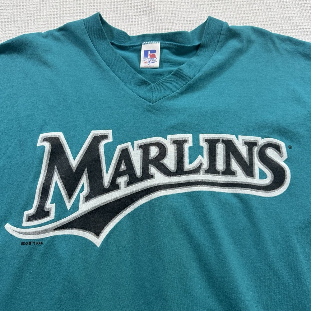 Vintage Russell Athletic V Neck T-Shirt Men’s XL FL Marlins Made In USA 2000