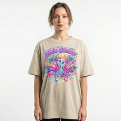 Hello Summer Tropical Flamingo T-Shirt Retro Neon Beach Vacation Holiday Tee