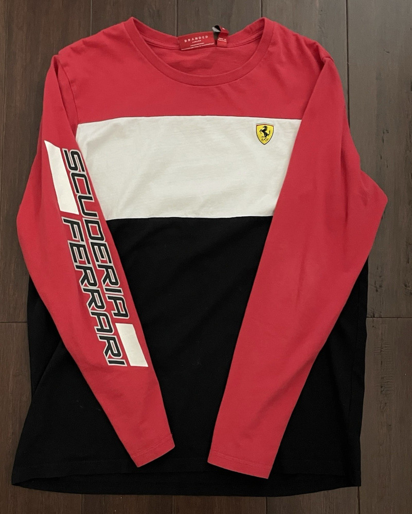 Ferrari Men’s Colorblock Long Sleeve Crew Neck Logo T-Shirt Red/White/Black M