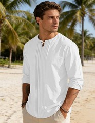 Men’s Linen Shirts Casual Long Sleeve Pleated Front T-Shirt Button Henley Col…
