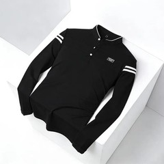 Men Stand Collar Long Sleeve Polo Shirt Stripe Accent Soft Breathable For Busine